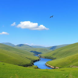 A serene landscape featuring a clear blue sky, rolling green hills, and a calm river flowing through the valley