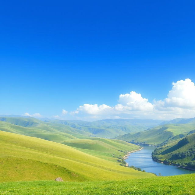 A serene landscape featuring a clear blue sky, rolling green hills, and a calm river flowing through the valley