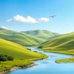 A serene landscape featuring a clear blue sky, rolling green hills, and a calm river flowing through the valley