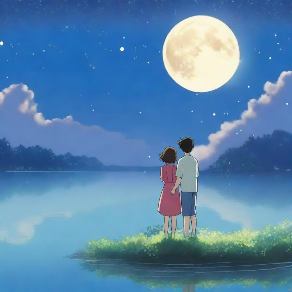 A beautiful anime love story set under the serene glow of a white moonlight