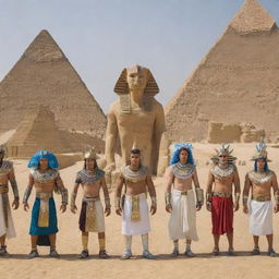 A diverse assembly of Digimon characters dressed in elaborate traditional Egyptian attire, situated near historical landmarks like the Pyramids of Giza or the Sphinx.