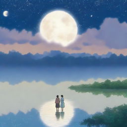 A beautiful anime love story set under the serene glow of a white moonlight