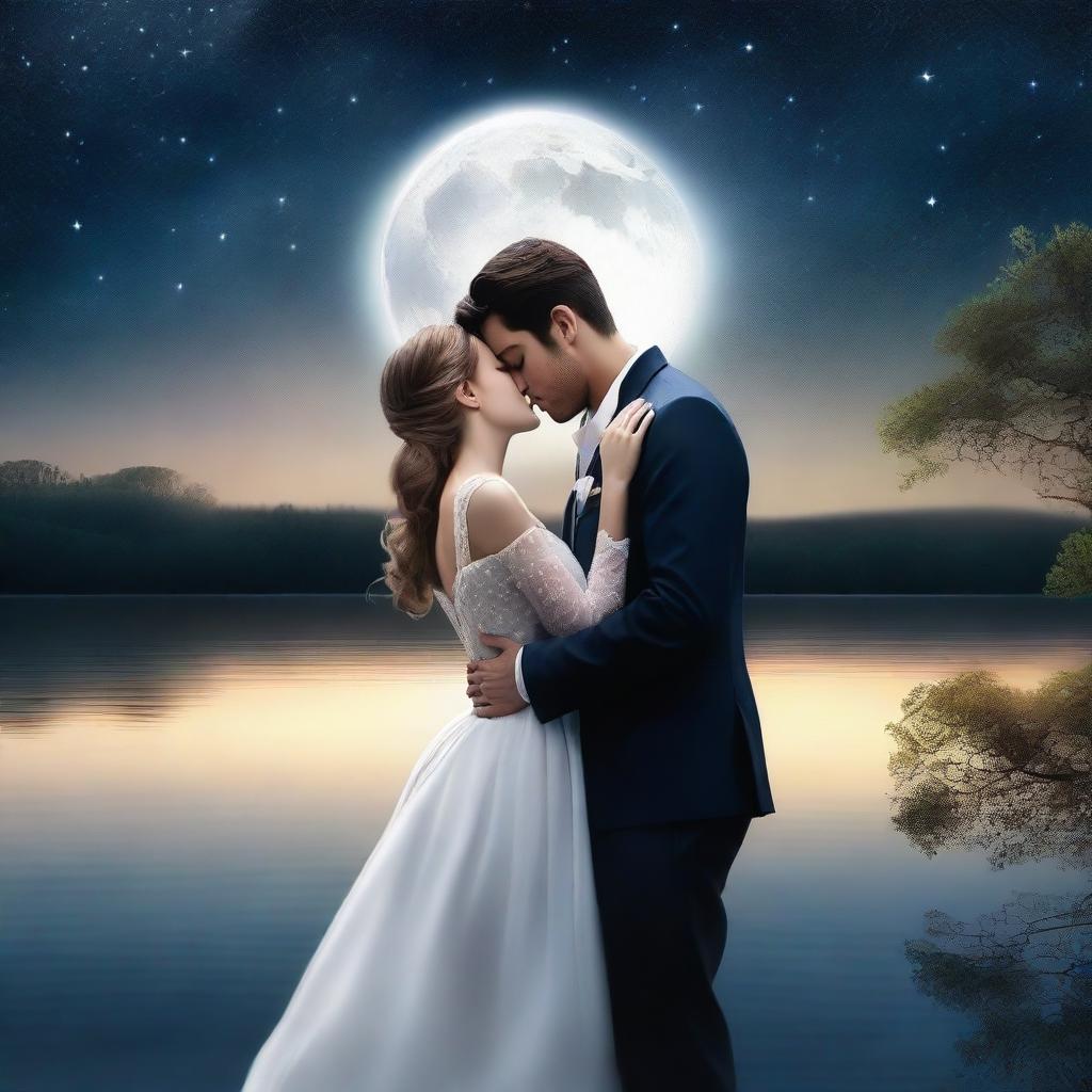 A realistic photo capturing a love story set under the serene glow of a white moonlight, with the title 'White Moonlight' elegantly displayed