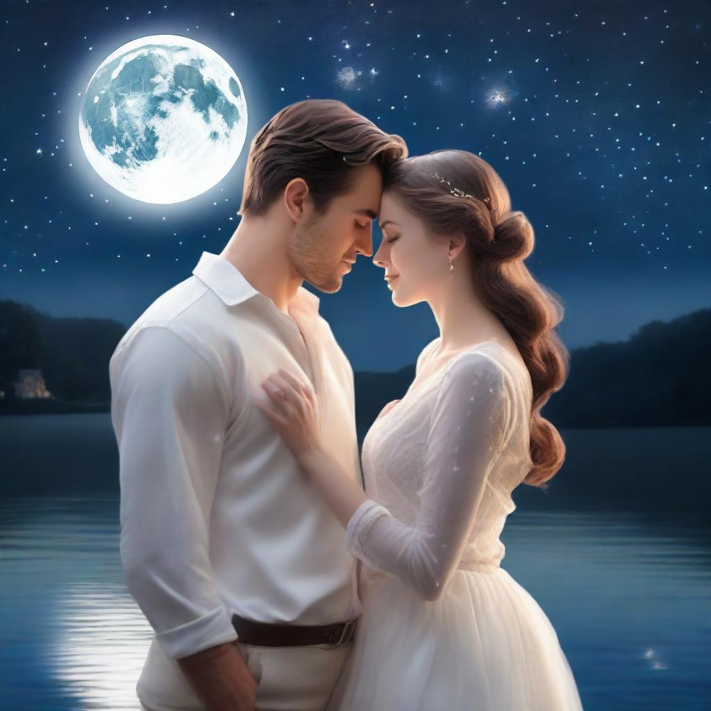 A realistic photo capturing a love story set under the serene glow of a white moonlight, with the title 'White Moonlight' elegantly displayed