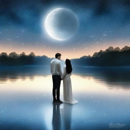 A realistic photo capturing a love story set under the serene glow of a white moonlight, with the title 'White Moonlight' elegantly displayed