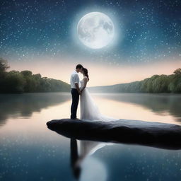 A realistic photo capturing a love story set under the serene glow of a white moonlight, with the title 'White Moonlight' elegantly displayed