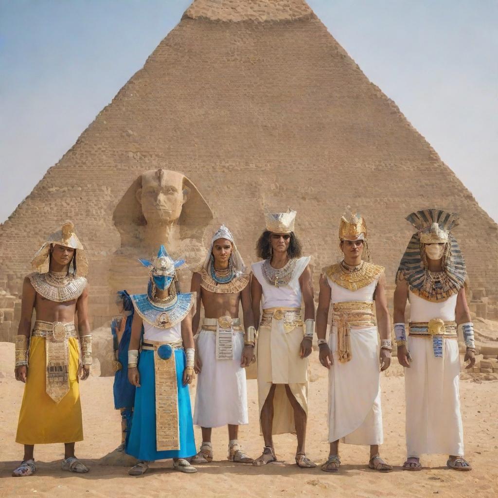 A diverse assembly of Digimon characters dressed in elaborate traditional Egyptian attire, situated near historical landmarks like the Pyramids of Giza or the Sphinx.