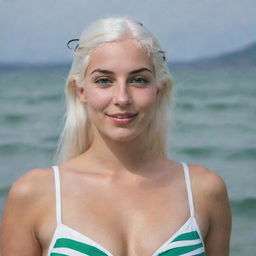 Photograph of a 30-year-old girl of average build, with white hair in a swimsuit. She has long square proportional facial features, dimples in her cheeks, bow lips, large black eyebrows, smooth medium green eyes, and swarthy skin