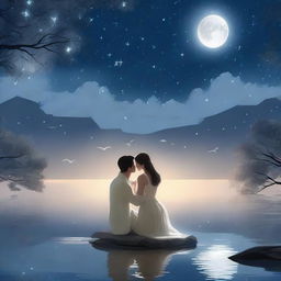 An enchanting scene from a love tale titled 'White Moonlight'