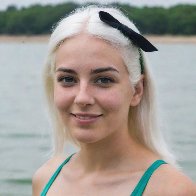 Photograph of a 30-year-old girl of average build, with white hair in a swimsuit. She has long square proportional facial features, dimples in her cheeks, bow lips, large black eyebrows, smooth medium green eyes, and swarthy skin