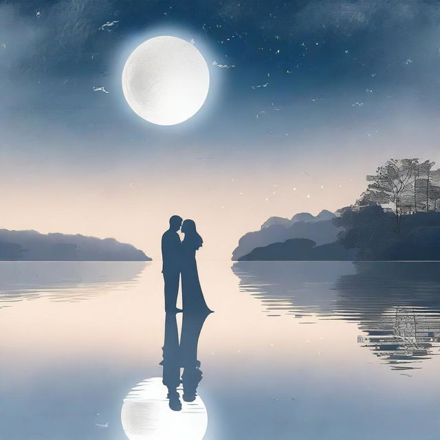 A romantic scene titled 'White Moonlight' from a love tale, with the title written in Meybi font and in silver color