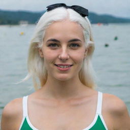 Photograph of a 30-year-old girl of average build, with white hair in a swimsuit. She has long square proportional facial features, dimples in her cheeks, bow lips, large black eyebrows, smooth medium green eyes, and swarthy skin