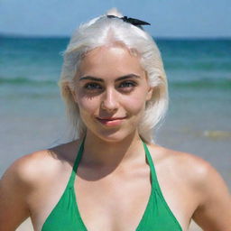 Photograph of a 30-year-old girl of average build, with white hair in a swimsuit. She has long square proportional facial features, dimples in her cheeks, bow lips, large black eyebrows, smooth medium green eyes, and swarthy skin