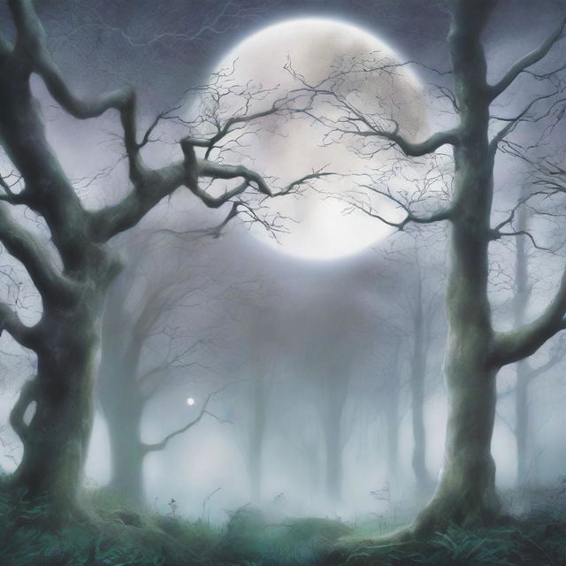 A mystical forest bathed in the soft, ethereal light of the moon