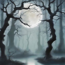 A mystical forest bathed in the soft, ethereal light of the moon