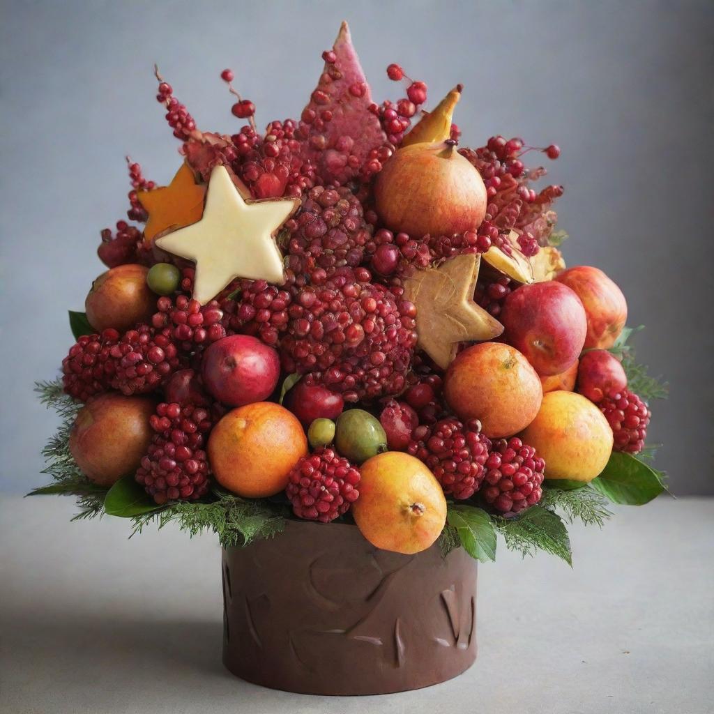 An intricate bouquet composed of edible elements, featuring lush pomegranates as the star, complemented by tasty chocolates, fresh fruits, and sugary candies in a beautiful arrangement that showcases a variety of vibrant colors and textures.