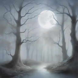 A mystical forest bathed in the soft, ethereal light of the moon