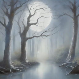 A mystical forest bathed in the soft, ethereal light of the moon