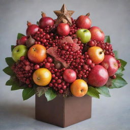 An intricate bouquet composed of edible elements, featuring lush pomegranates as the star, complemented by tasty chocolates, fresh fruits, and sugary candies in a beautiful arrangement that showcases a variety of vibrant colors and textures.