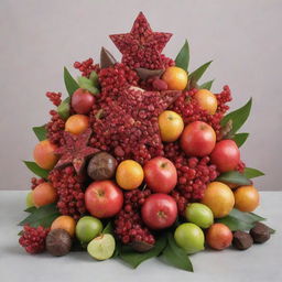 An intricate bouquet composed of edible elements, featuring lush pomegranates as the star, complemented by tasty chocolates, fresh fruits, and sugary candies in a beautiful arrangement that showcases a variety of vibrant colors and textures.