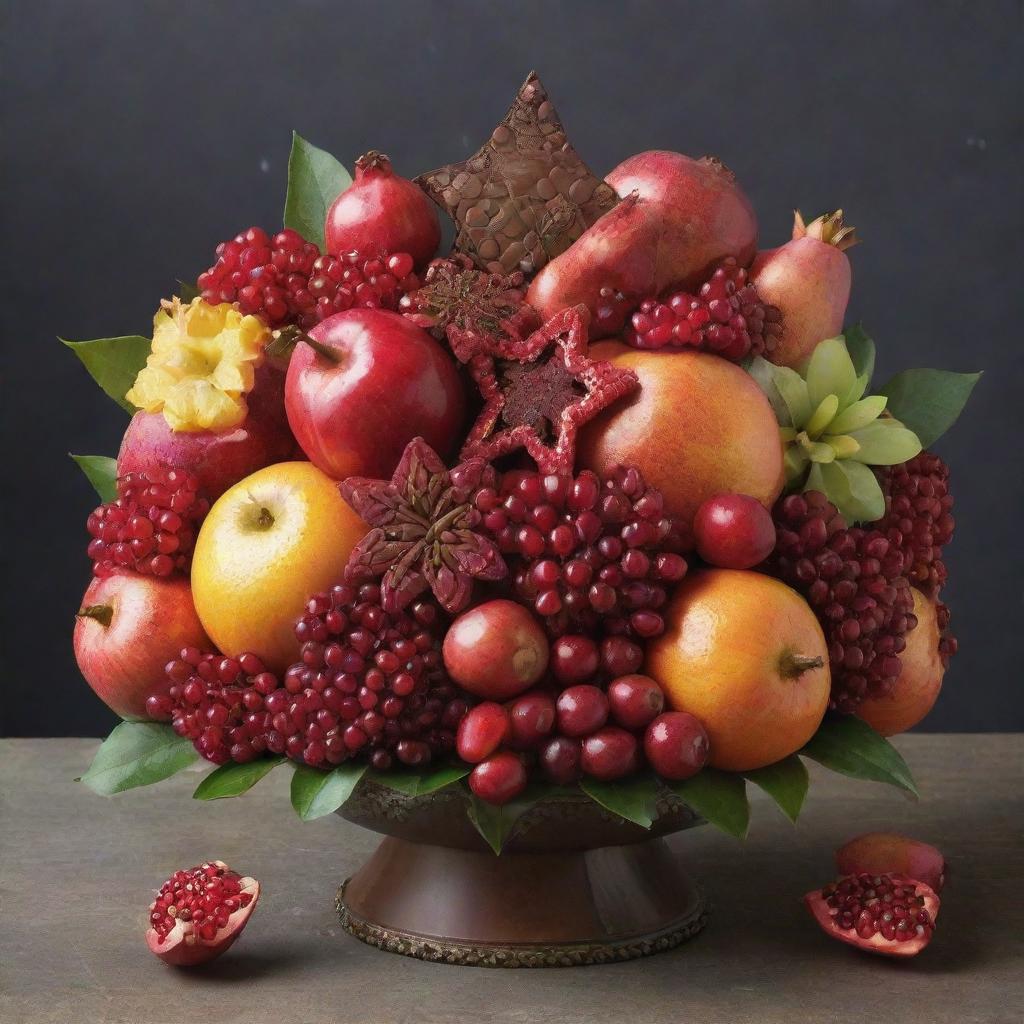 An intricate bouquet composed of edible elements, featuring lush pomegranates as the star, complemented by tasty chocolates, fresh fruits, and sugary candies in a beautiful arrangement that showcases a variety of vibrant colors and textures.