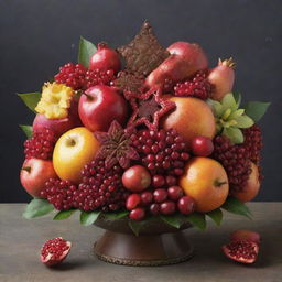 An intricate bouquet composed of edible elements, featuring lush pomegranates as the star, complemented by tasty chocolates, fresh fruits, and sugary candies in a beautiful arrangement that showcases a variety of vibrant colors and textures.