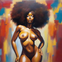 A polished, finished oil-based painting featuring a full-body view of a sexy black woman with an afro, beautiful breasts, and a big booty