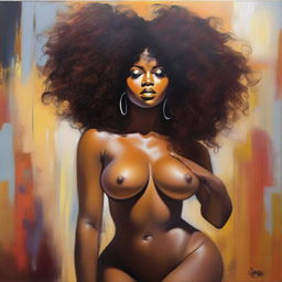 A polished, finished oil-based painting featuring a full-body view of a sexy black woman with an afro, beautiful breasts, and a big booty