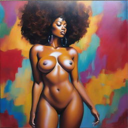 A polished, finished oil-based painting featuring a full-body view of a sexy black woman with an afro, beautiful breasts, and a big booty