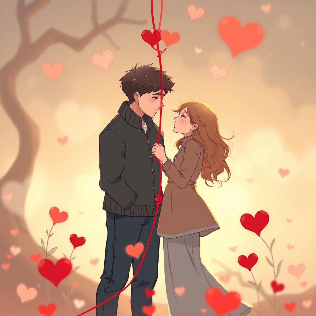 A romantic couple connected by a red string of fate