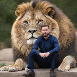 A handsome, bearded young scholar sitting in peaceful coexistence with a majestic lion, symbolizing wisdom and courage.