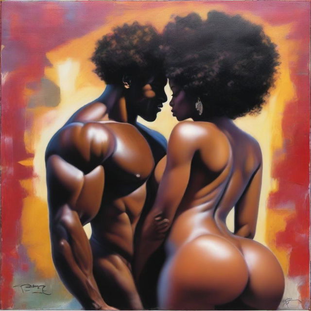 A polished, finished oil-based painting featuring a full-body view of a sexy black woman with an afro, beautiful breasts, and a big booty being held by a bald-headed muscular black man