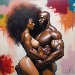 A polished, finished oil-based painting featuring a full-body view of a sexy black woman with an afro, beautiful breasts, and a big booty being held by a bald-headed muscular black man