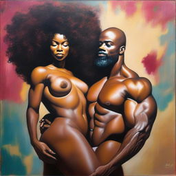 A polished, finished oil-based painting featuring a full-body view of a sexy black woman with an afro, beautiful breasts, and a big booty being held by a bald-headed muscular black man