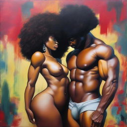 A polished, finished oil-based painting featuring a full-body view of a sexy black woman with an afro, beautiful breasts, and a big booty being held by a bald-headed muscular black man