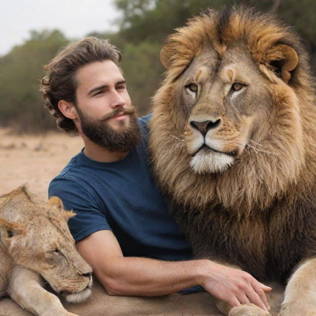 A handsome, bearded young scholar sitting in peaceful coexistence with a majestic lion, symbolizing wisdom and courage.