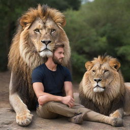 A handsome, bearded young scholar sitting in peaceful coexistence with a majestic lion, symbolizing wisdom and courage.