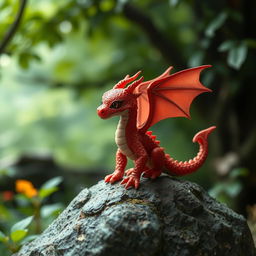 A tiny red drake with shimmering scales and delicate wings, perched on a rock in a lush, green forest