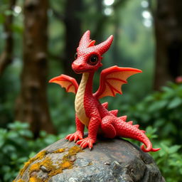 A tiny red drake with shimmering scales and delicate wings, perched on a rock in a lush, green forest