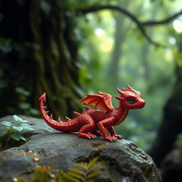 A tiny red drake with shimmering scales and delicate wings, perched on a rock in a lush, green forest