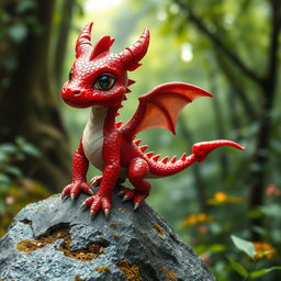 A tiny red drake with shimmering scales and delicate wings, perched on a rock in a lush, green forest