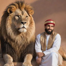 A handsome, bearded Arab youth in traditional attire, sitting in harmony with a majestic lion, symbolizing courage and peace.