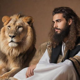 A handsome, bearded Arab youth in traditional attire, sitting in harmony with a majestic lion, symbolizing courage and peace.