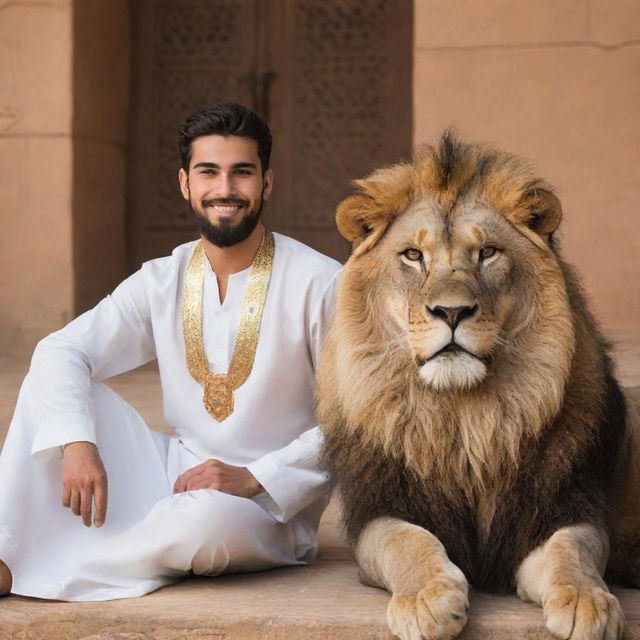 A handsome, bearded Arab youth in traditional attire, sitting in harmony with a majestic lion, symbolizing courage and peace.