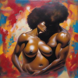 A polished, finished oil-based painting featuring a full-body view of a sexy black woman with an afro, beautiful breasts, and a big booty being kissed by a bald-headed muscular black man