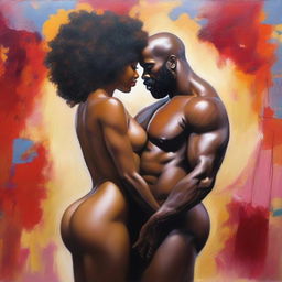 A polished, finished oil-based painting featuring a full-body view of a sexy black woman with an afro, beautiful breasts, and a big booty being kissed by a bald-headed muscular black man