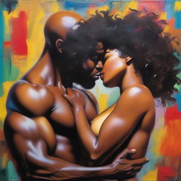 A polished, finished oil-based painting featuring a full-body view of a sexy black woman with an afro, beautiful breasts, and a big booty being kissed by a bald-headed muscular black man