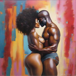 A polished, finished oil-based painting featuring a full-body view of a sexy black woman with an afro, beautiful breasts, and a big booty being kissed by a bald-headed muscular black man