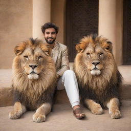 A handsome, bearded Arab youth in traditional attire, sitting in harmony with a majestic lion, symbolizing courage and peace.