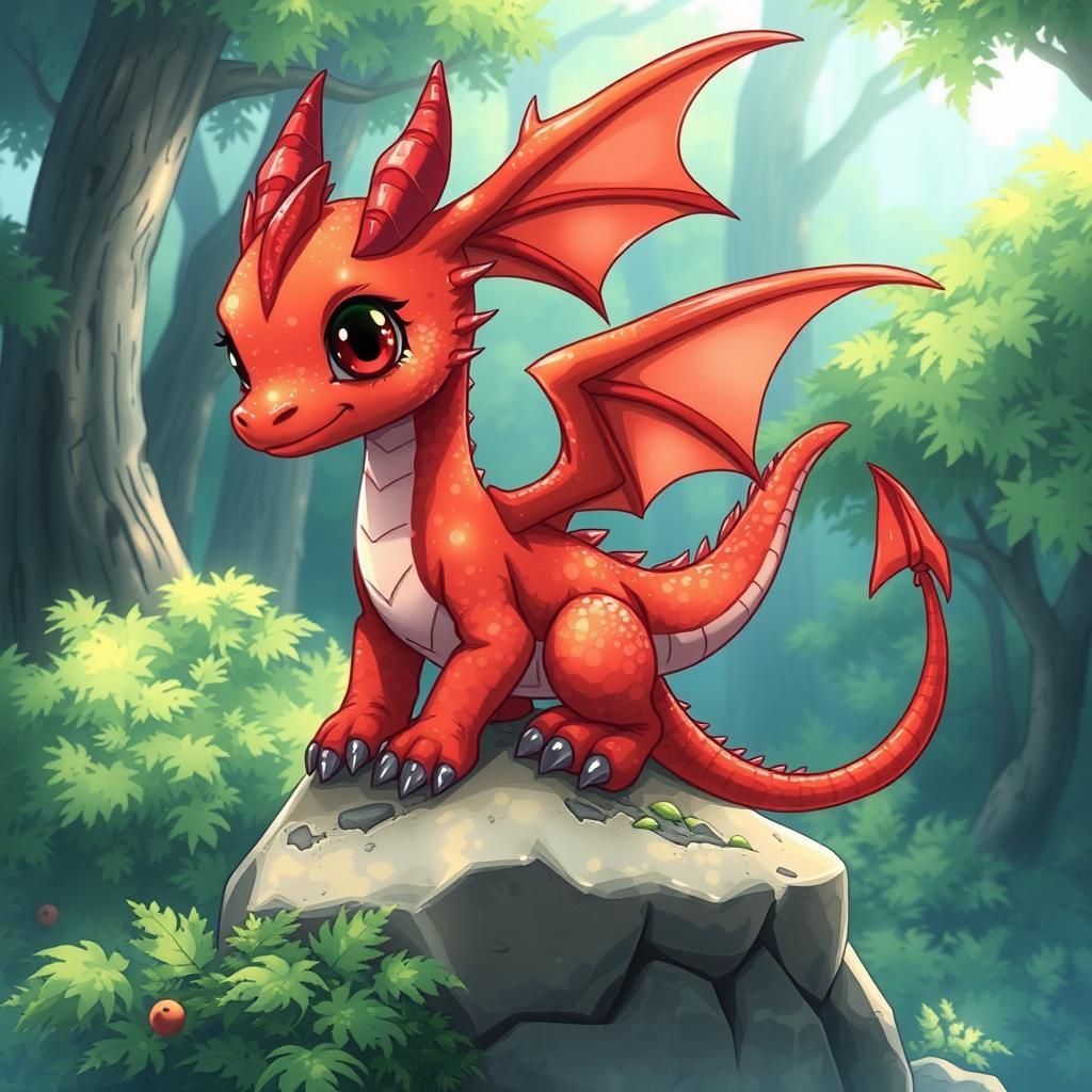 A small red drake with shimmering scales and delicate wings, drawn in an anime style